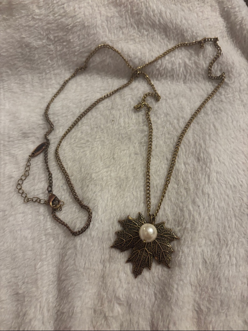 Plunder Antique Gold Leaf Pendant Necklace with Pearl Accent
